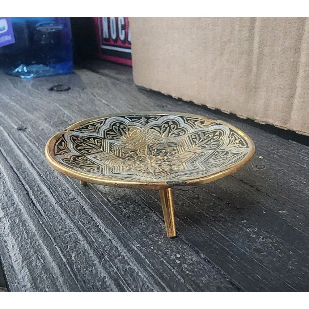 Vintage Damascene Gold Small Footed Jewelry Trinket Dish RARE